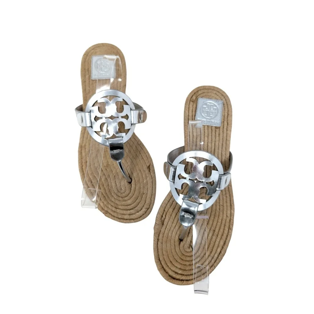 Tory Burch Miller Silver Metallic Espadrille Thong Sandals Size 10